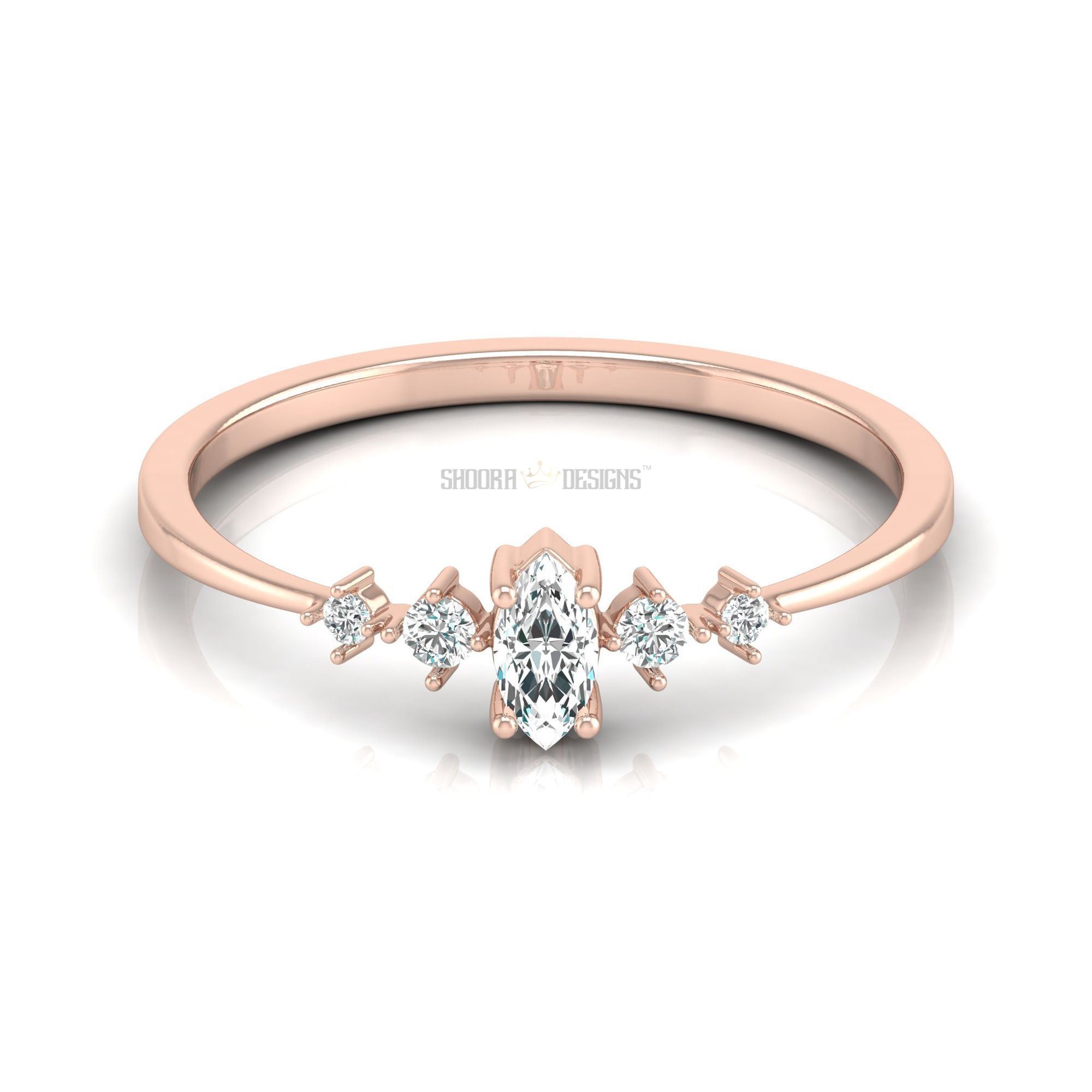 Nature Inspired Leave Design Marquise and Round Side Stones Engagement Ring  Semi Mount in 14k White Gold